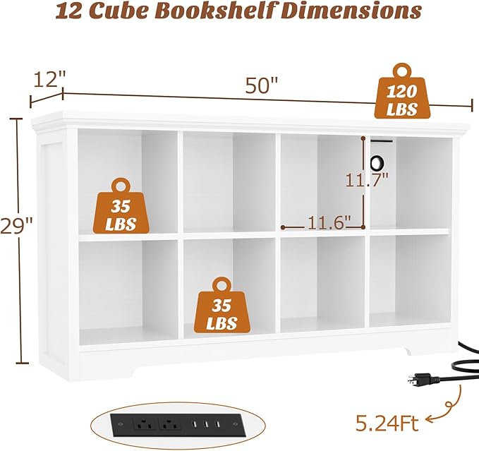 Aheaplus Wooden 8-Cube Storage Organizer with Charging Ports, Modern Cube Bookcase with Base, 3-Tier Floor Standing Open Cubbies Bookshelf, Cubicle Display Shelf for Home and Office, White