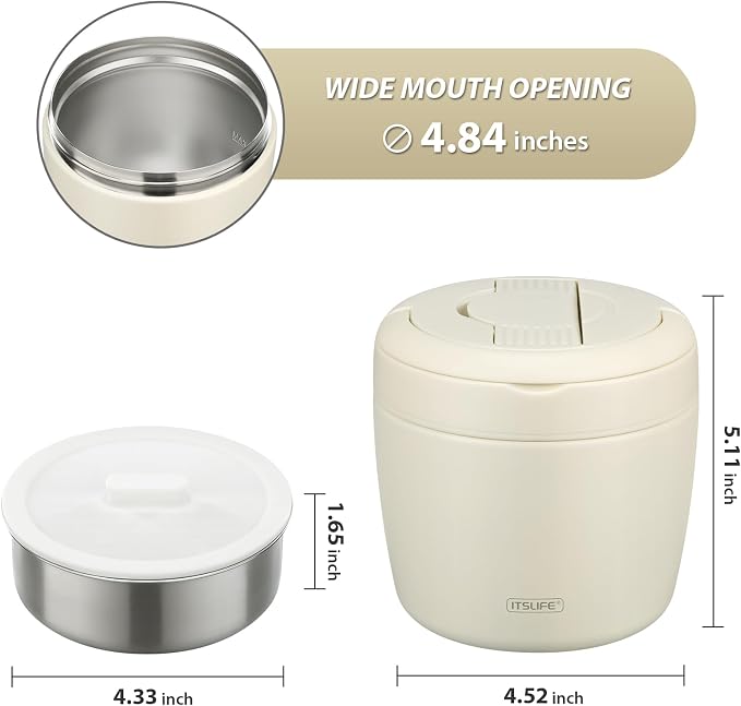Itslife 32oz Insulated Soup Thermo, Vacuum Stainless Steel Food Jar for Hot & Cold Food, Leakproof Wide Mouth Lunch Container with Spoon, White
