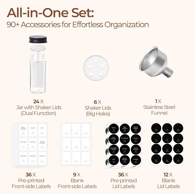 ComSaf Glass Spice Jars with with Labels 4 oz 24 Pack Small Square Bulk Set | Empty Containers, Seasoning Herb Powder, Salt Pepper Chili, Spice Rack Organization, Kitchen Cabinet Storage, Funnel Included