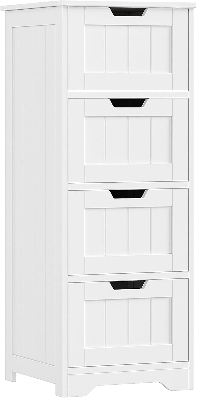 FOTOSOK Bathroom Storage Cabinet, Bathroom Cabinet with 4 Drawers, 11.8 x 11.8 x 32.5 Inches Small Bathroom Storage Cabinet, Freestanding Floor Bathroom Organizers and Storage for Entryway, White