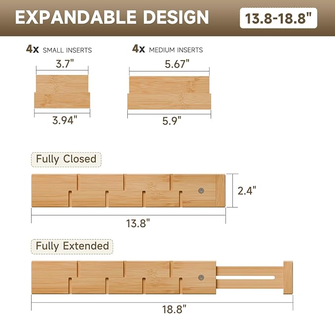Bamboo Drawer Dividers, Expandable Kitchen Drawer Organizer | Include 4 Dividers, 4 Small Inserts and 4 Medium Inserts for Home, Office, Dressers