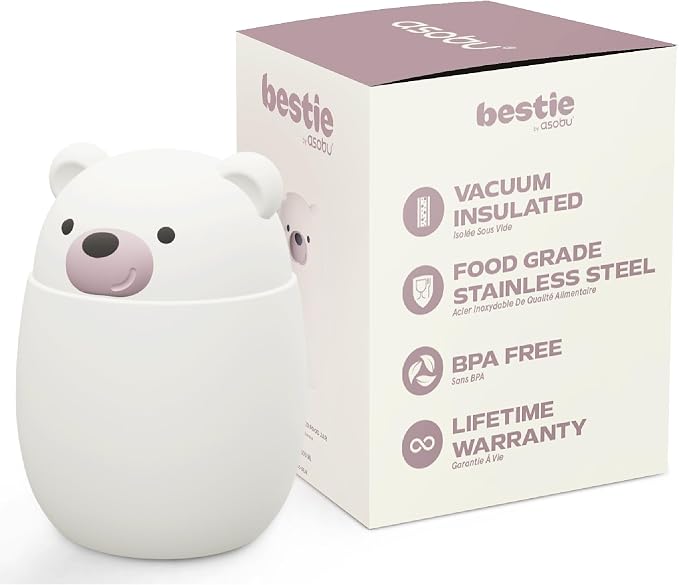asobu Bestie Foodie Kids Insulated Food Jar – Cute Character Lunch Container for Children, BPA-Free Stainless Steel, Leakproof & Vacuum Sealed, Keeps Food Hot or Cold, Easy to Clean, 16oz