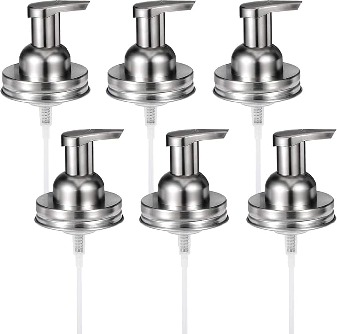 Amolliar Mason Jar Foaming Soap Dispenser Pump Lids (6 Pack), Refillable Foaming Pump Replacement for 16oz Regular Mouth Mason Jar, Waterproof Sticker, Kitchen Bathroom Farmhouse Decor, Brushed Nickel