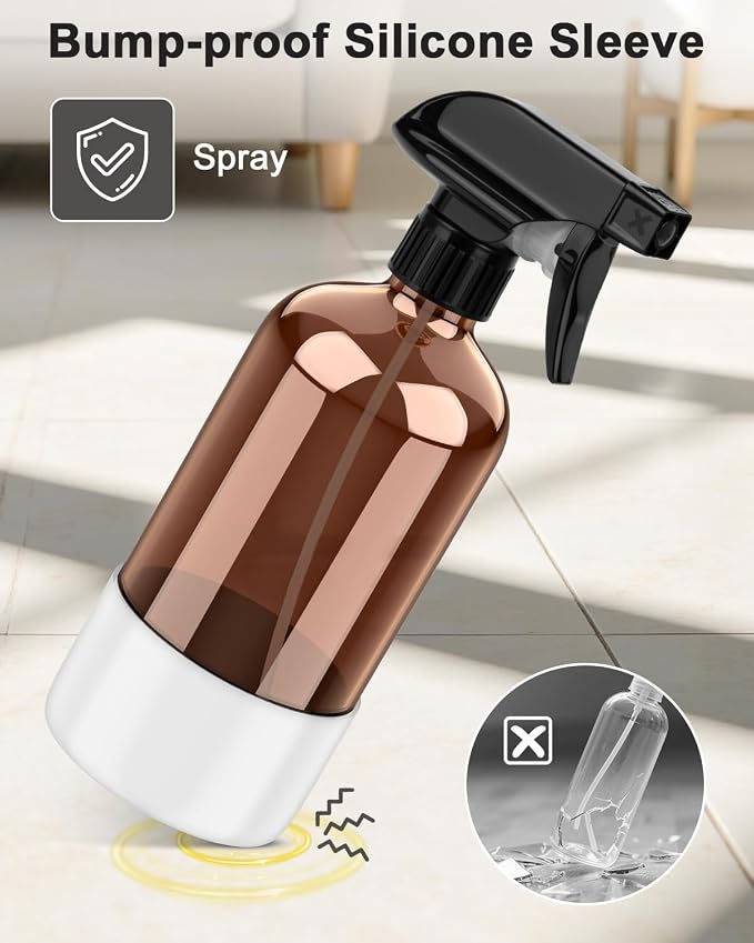 Bontip Amber Glass Spray Bottle with Silicone Sleeve Protection, 16 oz Refillable Spray Bottles for Cleaning Solutions, Plants, Aromatherapy, Facial Hydration (1, White, 16 oz)