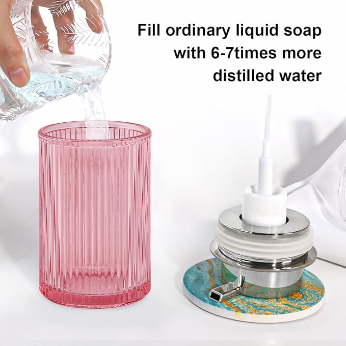 Foaming Soap Dispenser, 12 Oz Pink Glass Foam Hand Soap Dispenser, Refillable Lotion Soap Dispenser with Removable Pump for Kitchen Hand Wash Dispenser, Modern Slim Ribbed Bottle for Decor