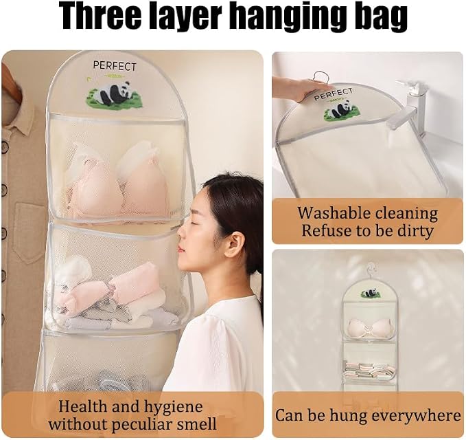 MIUPOO Multi Purpose Multi Layer Mesh Storage Hanging Bag,Hanging Storage with Metal Hanger Mesh Pockets for Bra Underwear Socks,Pockets Hang Store Bag for Door Wall Closet,4Pieces.
