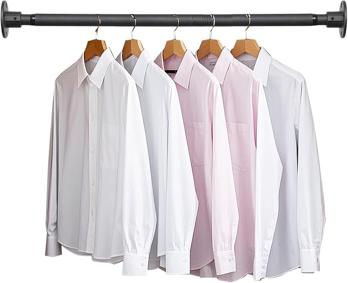 Closet Rod, 30 to 92 inch Adjustable Closet Rods for Hanging Clothes, Heavy Duty Closet Hanging Rod, Black Closet Hanger Poles, Metal Closet Hanging Bar for Wardrobes Laundry, Drilling Installation