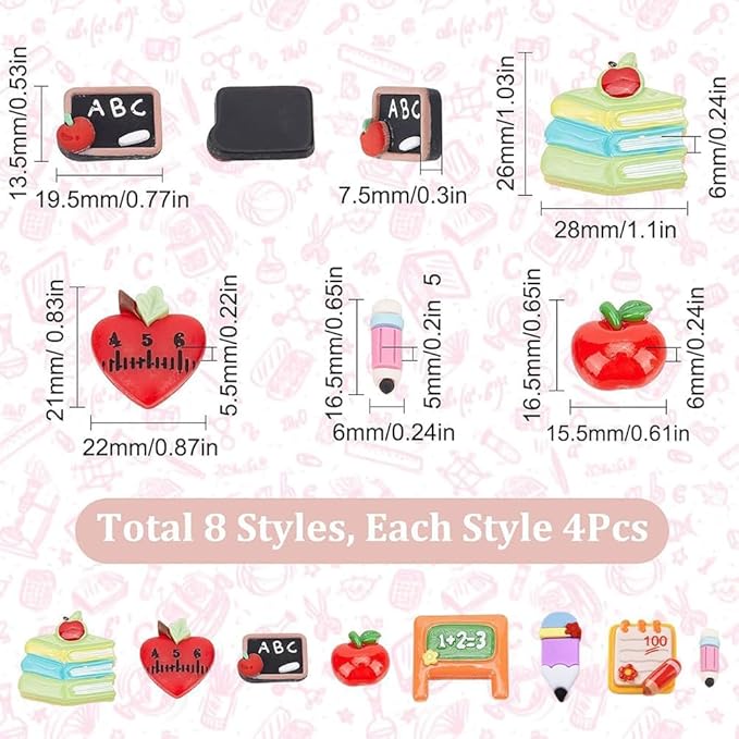 SUNNYCLUE 1 Box 32Pcs Teacher Charms Flatback School Resin Cabochons Best Teacher Student Red Apple Cabochon Pencil Notebook Heart Flatbacks for Jewelry Making Scrapbooking Embellishments Hair Clips