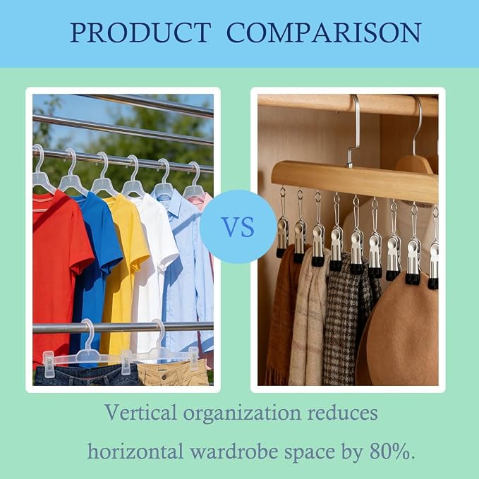 Closet Organizer with 10 Clips, 2026 New Wooden Pants Hangers with 10 Clips Multi-use Hanging Leggings Storage Organizer, Space-Saving Hanger for Skirts Scarves Hats Socks (1 Pcs Primary Color)