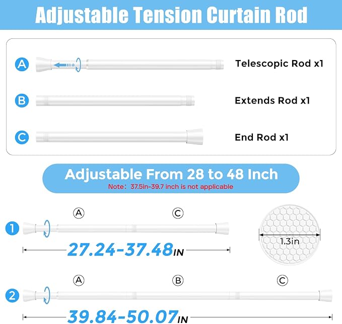 2Pcs Tension Curtain Rods for Windows 28 to 48 Inch, 7/8“ Diameter Spring Loaded Curtain Rod Adjustable Small Curtain Rods No Drilling Tension Rod for Door, Bathroom, Kitchen, White