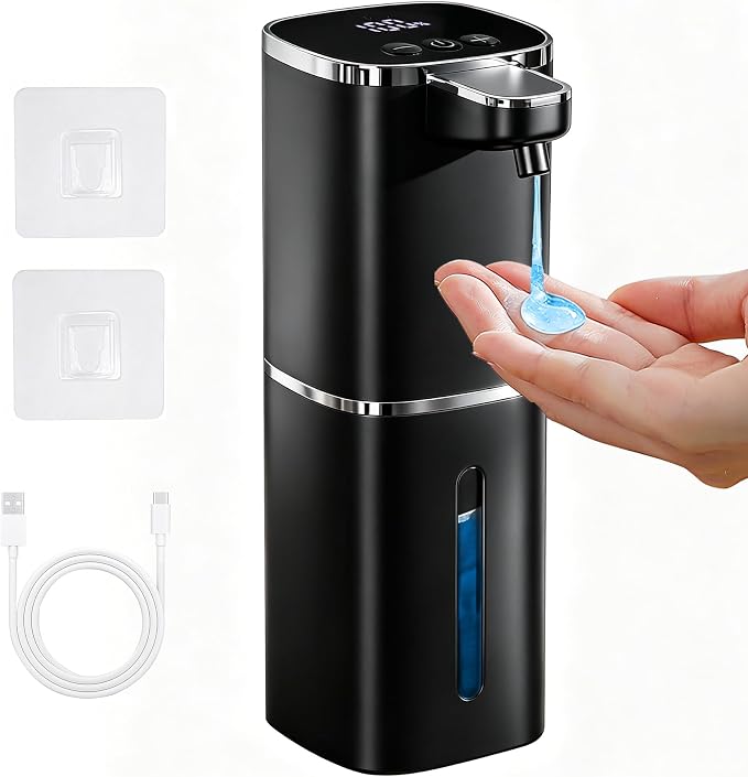 Automatic Soap Dispenser, USB Rechargeable, Touchless & Wall/Tabletop | 13.5oz/400mL, 9-Level Adjustable, IPX5 Waterproof，Compatible with Thick Thin Dish Soap for Kitchen Bathroom, Black