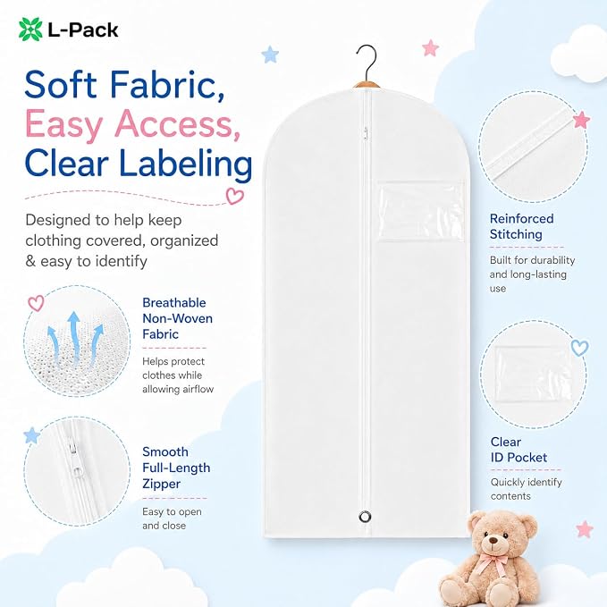 Kids Garment Bag with Clear Window, Hanging Clothes Storage Cover for Dresses, Suits & Dance Costumes, Breathable Travel Bag for Baby Toddler Child, 30" x 18", White, Pack of 1