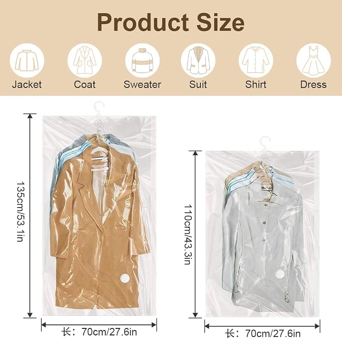 Flintronic Hanging Vacuum Storage Bags, 4pcs(2 Long 135x70CM & 2 Short 110x70CM) Vacuum Compression Zipper Storage Bags, with Electric Pump, for Clothes, Suits, Dresses, Coats or Jackets