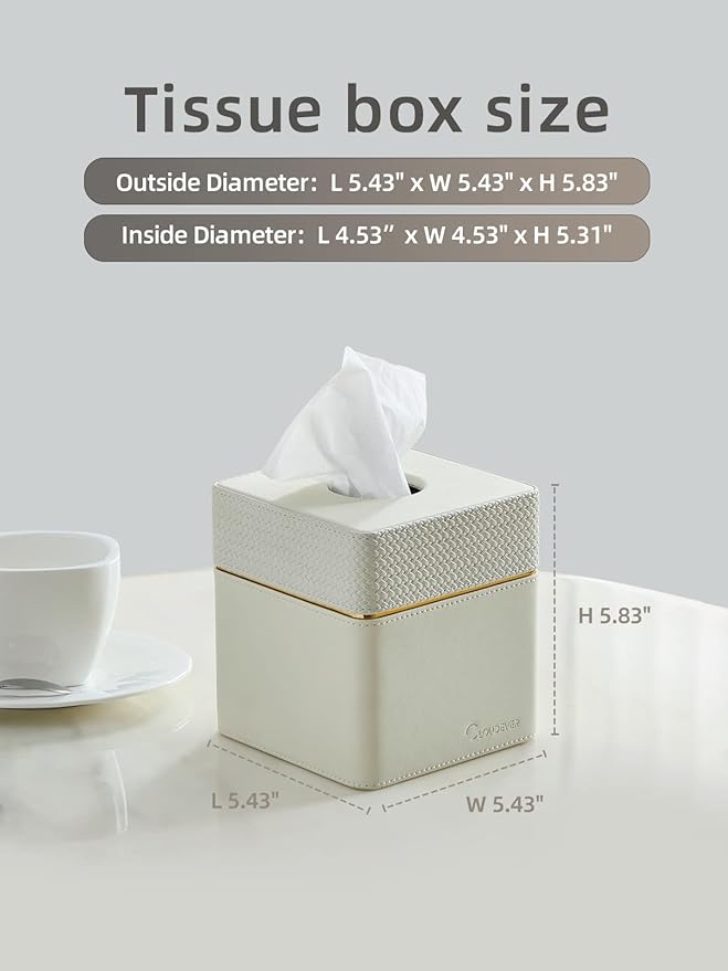 Tissue Box Holder Cover Square, Modern PU Leather Decorative Tissue Cube Holder Organizer-Woven White