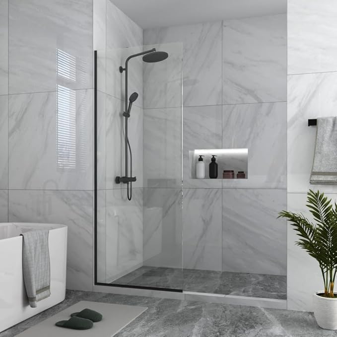 Royalty Fixed Shower Screen - 24" x 76" Frameless 3/8" Clear Tempered Glass Panel with Hardware - Easy Clean Smart Guard Coating - Minimalist Modern Design for Bathroom - Matte Black