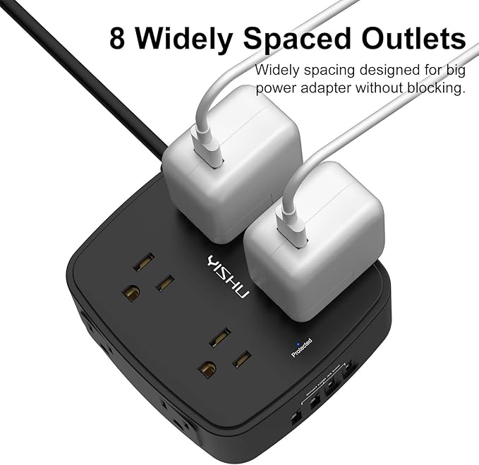 6 Ft Surge Protector Power Strip - 8 Widely Outlets with 4 USB Ports, 3 Side Outlet Extender with 6 Feet Extension Cord, Flat Plug, Wall Mount, Desk USB Charging Station, ETL,Black
