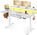 OffiGo 55 Inch U Shaped Electric Standing Desk with Keyboard Tray, White | 3 Outlets & 2 USB Ports, Dual-Monitor Stand, 10 Colors & 10 LED Modes, 3 Presets, 28.3"-46.5"in Range, 154 lb Capacity