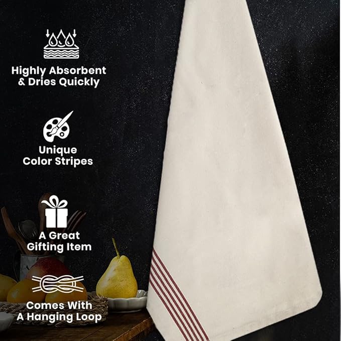 Stripe Kitchen Towels Decor 18x28 in Cotton Dish Towels Boho Embroidery Festive Gift Set of 6 Pantry Kitchen Vintage Farmhouse Reusable Kitchen Dish Towels|Red