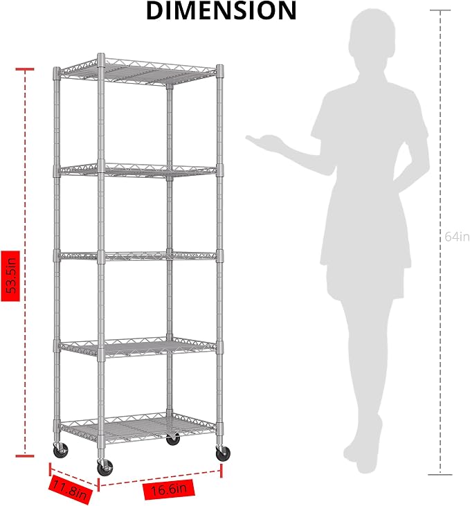 REGILLER 5-Wire Shelving Metal Storage Rack Adjustable Shelves,Standing Storage Shelf Units for Laundry Bathroom Kitchen Pantry Closet(Silver,11.8" D x 16.6" W x 53.5" H,With Wheels)