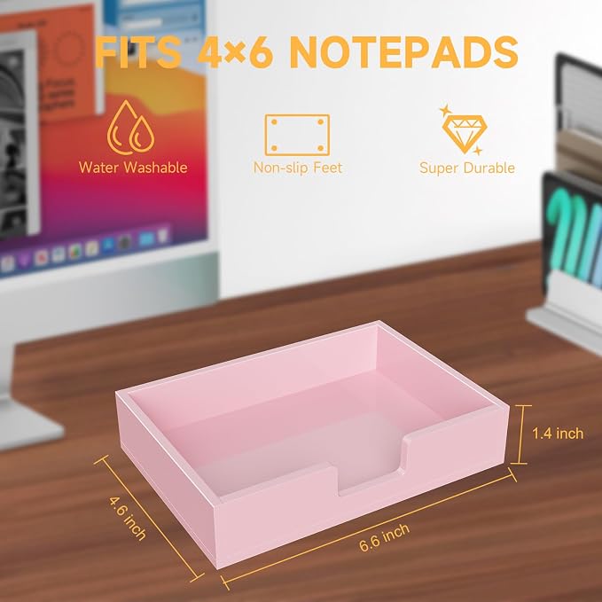 Acrylic Notepad Dispenser Organizer - 4 x 6 in Pink Sticky Note Holder W/O Pads Memo Holder for Dorm Room School Classroom Office Desk Organizer Aesthetic Supplies