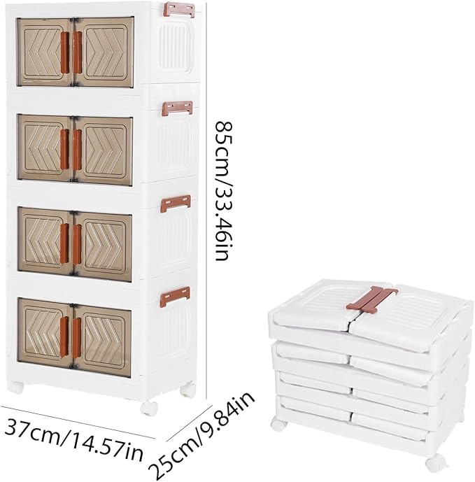 4 Tier Storage Bins with Lids, Stackable Storage Bins with Wheels and Door, Storage Cabinet Organizers for Home Foldable Containers (Transparent Door)