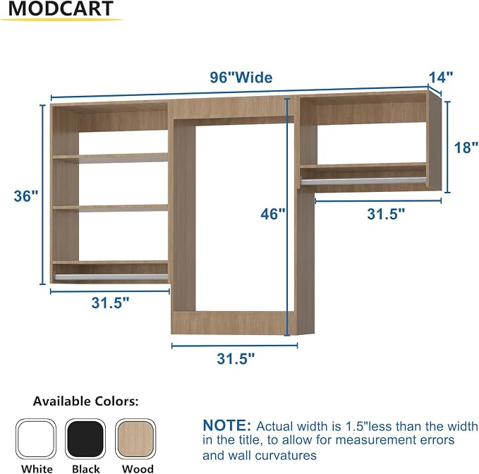 Modular Closet System, 96" Wide Closet Organizer System with Hanging Shelving , Wood Tower Closet Storage for Walk In Closets, Wall Mounted Wardrobe Organizer Kit System, Bedroom, Wood