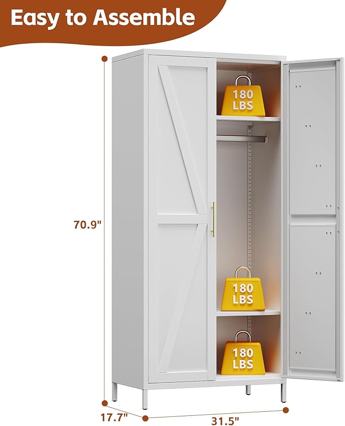 METAN Metal Wardrobe Closet with Doors, Farmhouse Armoire Wardrobe Closet for Bedroom,Assembly Required,White