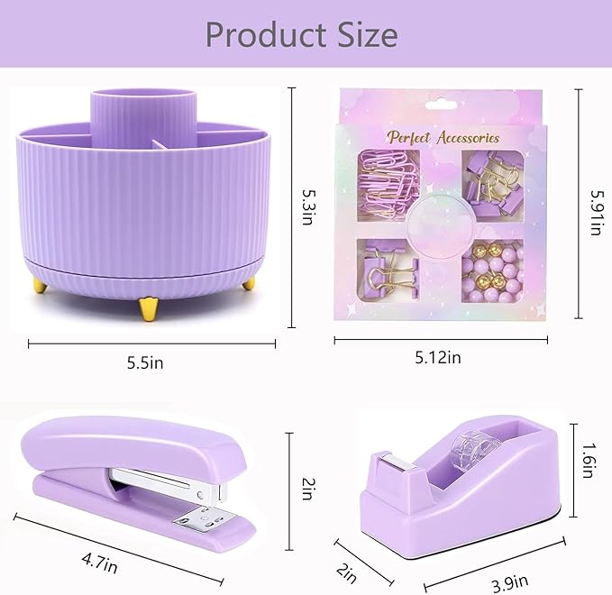 suniya Office Supplies,Desk Accessories,with Stapler,Tape Dispenser,Staple Remover,Scissor,Ballpoint Pen,Sticky Notes,Clear Tape,Staples,Desk Organizer,Ruler,Binder,Best Gift Set(Purple)