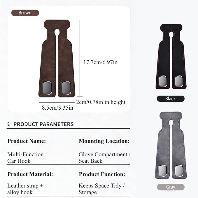 2-Pack Car Hanging Hooks for Car Seat Back & Glove Box, Brown | Dual-Use Purses & Bags Hanger for Car With Metal Hooks - Keep Floor & Seats Clutter-Free, Car Interior Organizer Accessories