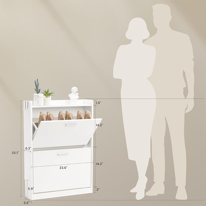Shoe Cabinet Organizer with 2 Flip Drawers，Freestanding Shoe Rack Cabinet，Narrow Shoe Cabinet Storage for entryway，Foyer, Hallway, White, 23.6" W × 6.3" D × 33.1" H