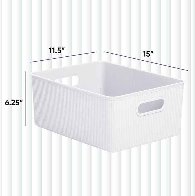 Decorative Plastic Basket Lidded Home Storage Bins Organizer Baskets, Large White (1 Pack - 15 Liter) Stackable Container Box, for Organizing Closet Storage Bins for Shelves - Ribbed Collection