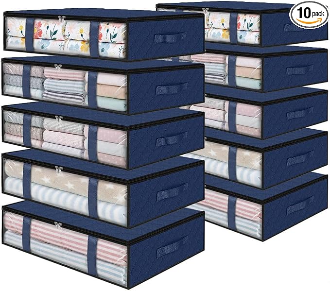 StorageRight Under Bed Storage Bags 10 Pack, 40L Large Clothes & Comforter Storage Containers with Clear Window, Breathable Fabric Organizer for Blankets, Bedding, Seasonal Clothing, Blue