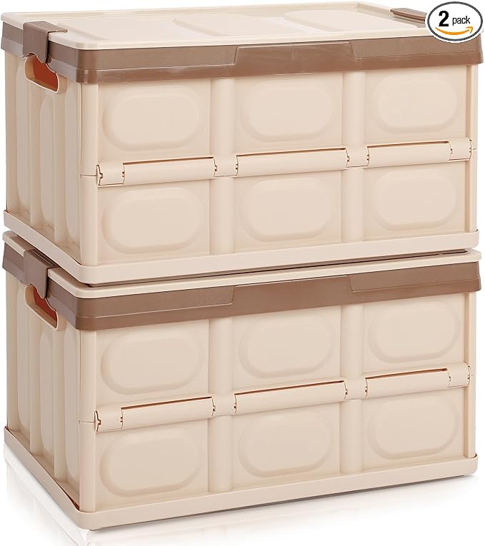 Collapsible Storage Box with lid 30L Lidded Storage Bin Crates Plastic Tote Container Stackable Folding Utility Crates Shelf Basket for Clothes Books Snack Shoe Storage Container (Khaki)