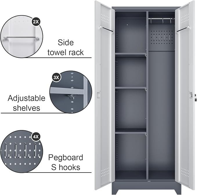 Broom Storage Cabinet, Metal Utility Storage Cabinet with Hanging Rail, 65" Tall Cleaning Tool Organizer with Shelves and Doors, Cleaning Storage for Home, Garage, Office, Balcony