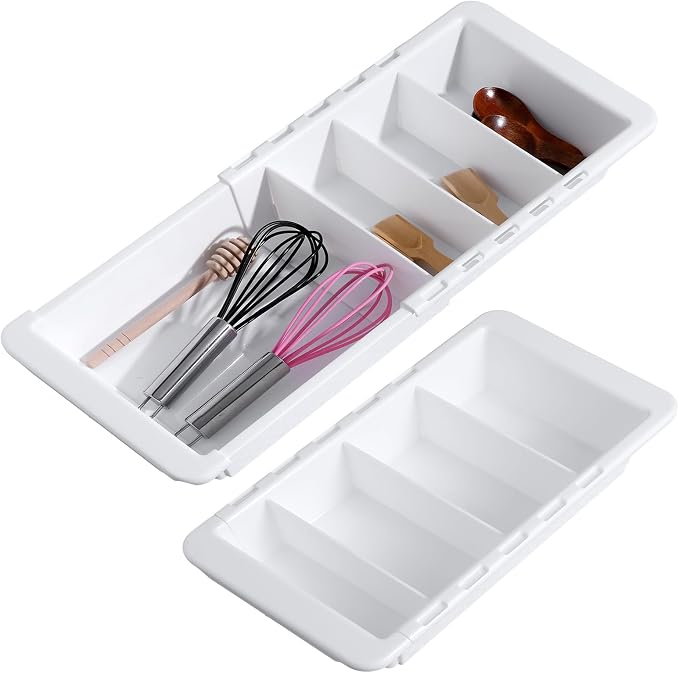 2 PCS Sliding Drawer Tray with Adjustable Dividers, Expandable Kitchen Storage Organizer, Sliding Drawer Bin, Expandable Drawer Organizer, Drawer Organizer Trays For Utensils, Flatware, Junks
