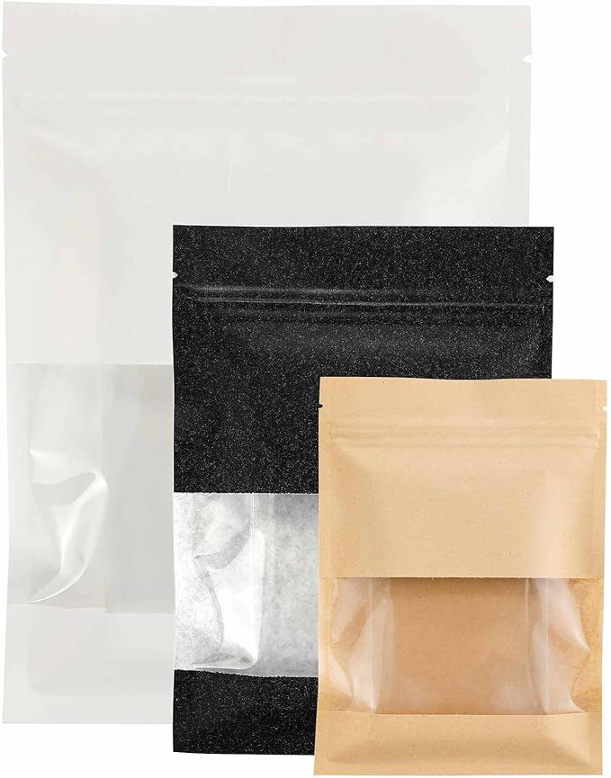 100PCS Resealable Kraft Paper Packaging Bags with Clear Window, Food Grade Heat Sealed Zipper Pouches for Coffee, Tea, Nuts, Snacks, Cookies (Black, 7 * 9CM/2.8"*3.5"-100PCS)