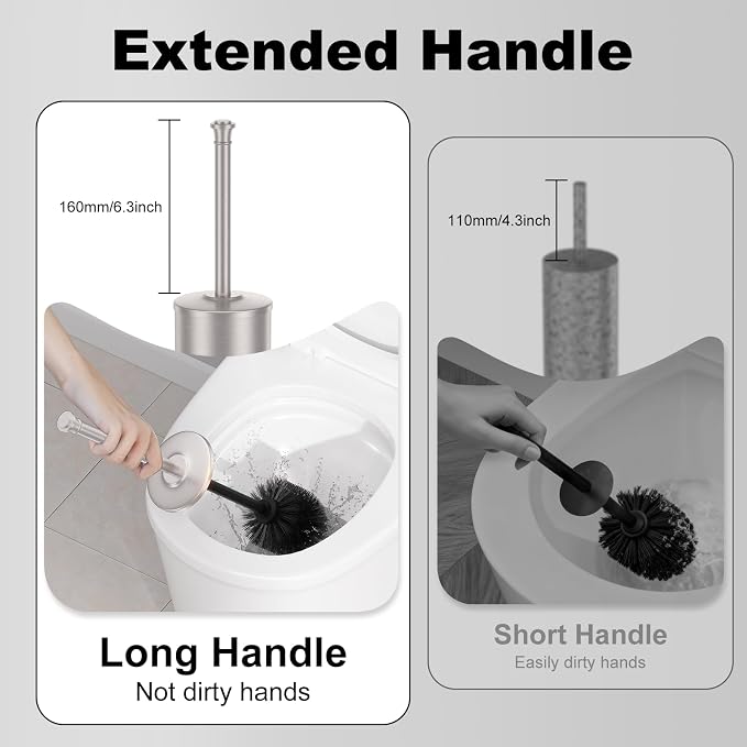 Stain Nickel Toilet Brush and Holder，Extra Long Handled Toilet Brush for Bathroom，Stainless Steel Heavy Duty Toilet Bowl Brush,Removable Inner Bowl,Deep Cleaning Dense Bristles Brush