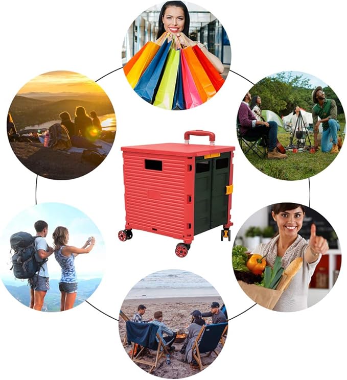FELICON SELORSS Foldable Utility Cart Folding Portable Rolling Crate Handcart with Durable Heavy Duty Plastic Telescoping Handle Collapsible 4 Rotate Wheels for Travel Shop Move Luggage Office (Red)