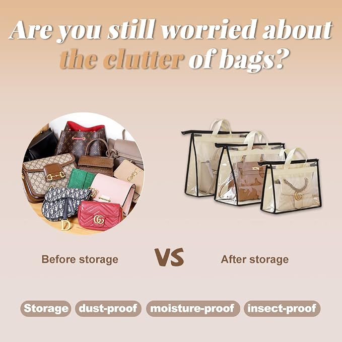 5 PCS Hanging Handbag Storage Organizer Non-Woven Transparent Dust-proof Homewares Purse Wallet Closet Storage Bag with Zipper and Handle (L)
