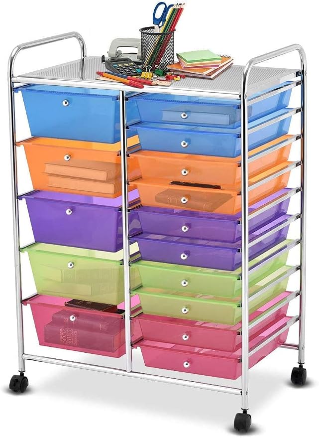 Moccha 15-Drawer Rolling Storage Cart - Under Desk Storage Drawers with wheels for Craft Art Supply Paper Salon, Scrapbook Paper Tools, Mobile Utility Cart for Classroom (15 Drawers, Rainbow)