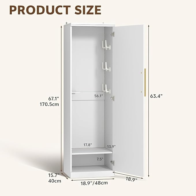 Broom Closet Storage Cabinet, 65" H Slim Utility Closet with Door and Shelf, Tall Vacuum Storage Cabinet with Hooks for Cleaning Tool, Broom Closet Organizer for Bathroom, Garage, White