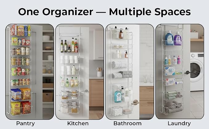 Over Door Organizer Storage - 8 Tier White Metal Over the Door Pantry Organizer Heavy Duty Hanging Storage Rack, Behind Cabinet Shelves for Home, Kitchen, Bathroom, Closet, Pantry