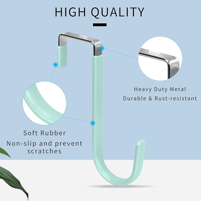 FYY Over the Door Hooks, Single-Hanger 4 Pack, Fits Doors 1 3/8" Green | Heavy Duty Metal, Hold 20lbs, Rubber-Coated, No-Drilling, for Bathroom Dorm, Hanging Towels Clothes Hats Bags Coats Wreaths