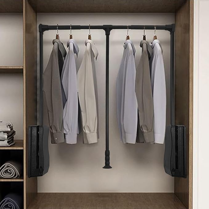 HOWHY Pull Down Closet Rod - Adjustable Side Mounted Closet Rod for Hanging Clothes,Easy to take and store clothes,Fitting width:21.65"~27.55,Black