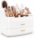 Makeup Organizer for Countertop Vanity Skincare Storage for Perfume Lipstick Bathroom Dresser Desk with Drawers And Brush Holder (White)