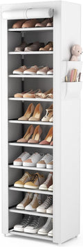 VTRIN Vertical Narrow Shoe Rack Organizer Tall Shoe Rack for Closet Entryway 10 Tier Non-Woven Cover Shoe Shelf Holds 20-22 Pairs Free Standing Shoe Storage Cabinet with Dustproof Cover, White