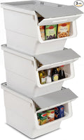 Giantex Plastic Stackable Storage Bins with Lids & Wheels, 3 Pack Open Front Stacking Bins, Organizer Bins for Pantry, Kitchen, Laundry, Closet, Playroom, Bedroom Organization （12.5 QT）