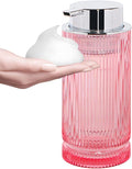 Foaming Soap Dispenser, Glass Foam Hand Soap Dispenser with Pump, 14 Oz Bathroom Refillable Liquid Lotion Pump Ribbed Bottle Container for Kitchen Countertop Decor (1, Pink Silver)