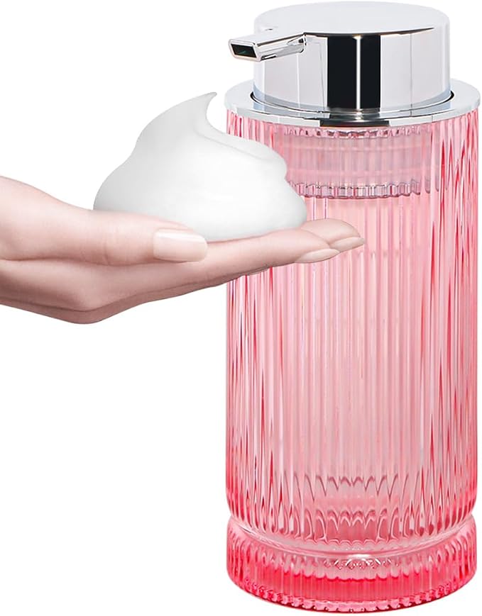 Foaming Soap Dispenser, Glass Foam Hand Soap Dispenser with Pump, 14 Oz Bathroom Refillable Liquid Lotion Pump Ribbed Bottle Container for Kitchen Countertop Decor (1, Pink Silver)