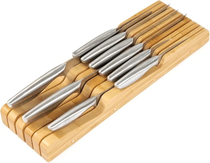 KitchenEdge In-Drawer Knife Block Holder, 11 Slots, Bamboo | Fits most knife sizes, rubber feet, food-safe finish